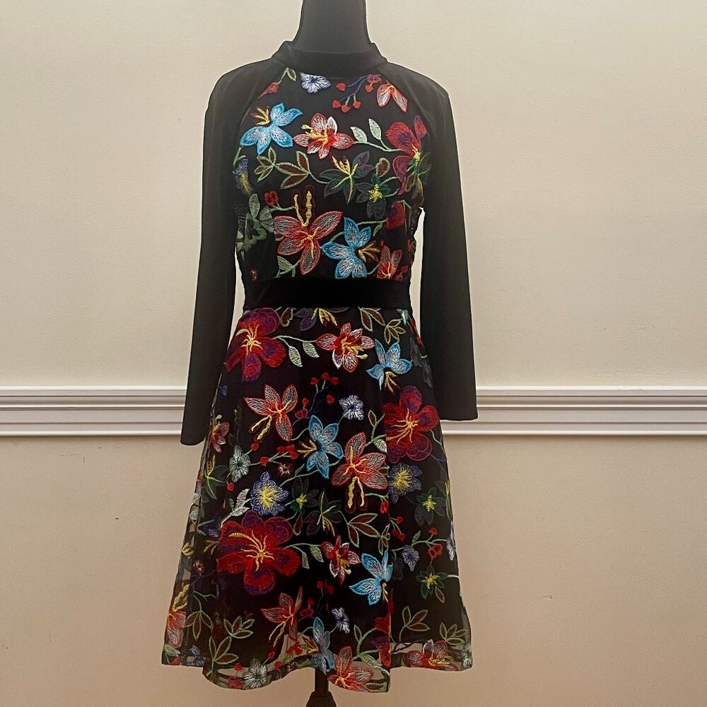 Multicolor Floral Applique Embroidered Dress - Size M